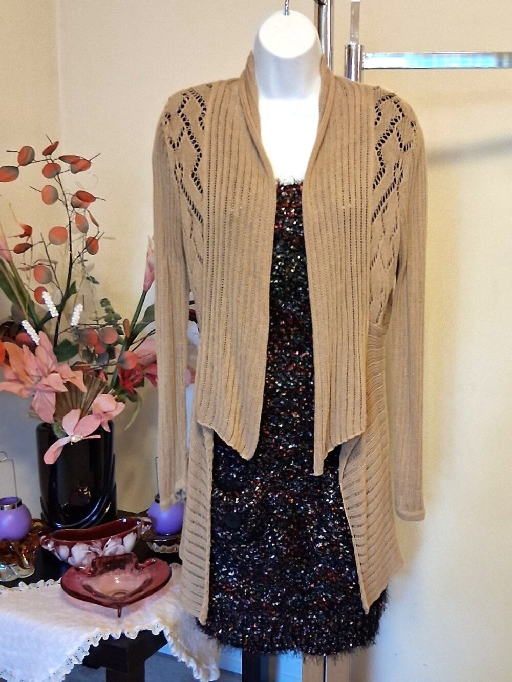 Robert Kitchen Luxury Knit Cardigan Sweater Coat Women M Beige Knitwear